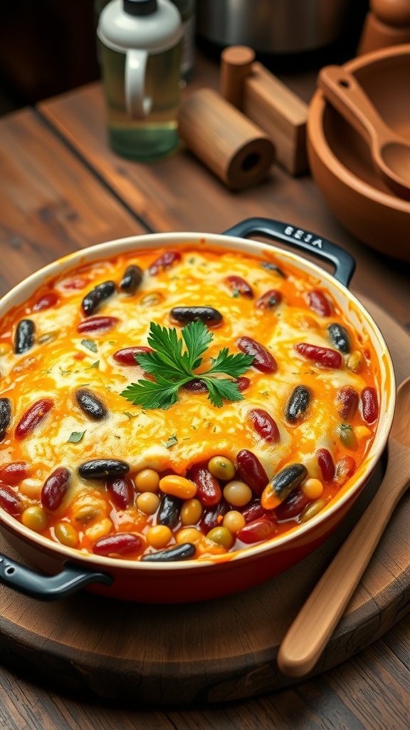 A bubbling 7 beans casserole with cheese, garnished with parsley, on a wooden table.